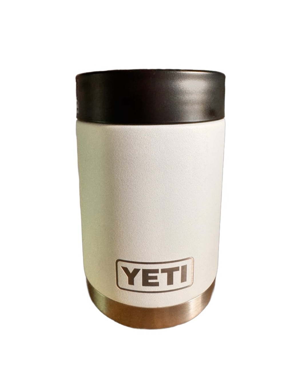 Yeti White Can Insulator with Black Lid and Stainless Base 12oz